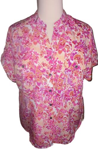 Laura Scott 20 22W Colorful Disty Floral Short Sleeve V-Neck Camp Shirt Top NEW