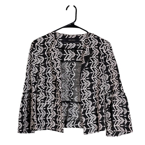 Zara Damen Jacke Schwarz Elfenbein Geometrisch Bestickt Boho Azteken Vorne Offen S