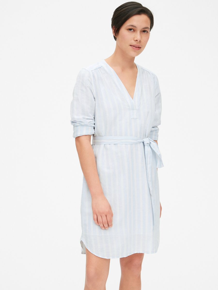 Gap Popover V-Neck Shirtdress in Linen, blue & white stripe SIZE M #418547  N08