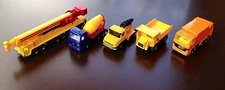 5 Vintage SIKU Lot - Refuse, Tipper, Tow Truck; Mega Lifter Crane; Cement Mixer
