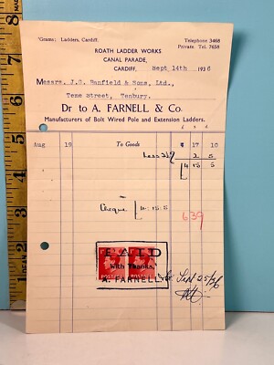 1936 A. Farnell Bolt Wired Pole Ladders Billing Statement w/2 King Edward Stamps