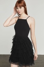 348 NWT BCBGMAXAZRIA Sz6 CASANDRA SPAGHETTI STRAPS PLEATED TULLE DRESS BLACK