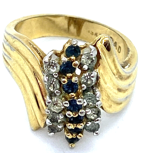 Vintage 18K Gold Filled Sapphire & White Topaz Stones Wave Beautiful Ring Size 6