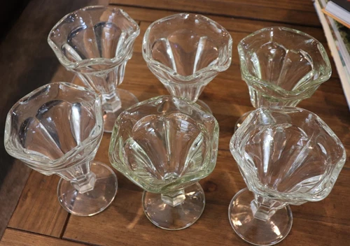 Ice Cream Parlor Sundae Glasses Clear Footed Parfait Vintage 6" High Hexagon
