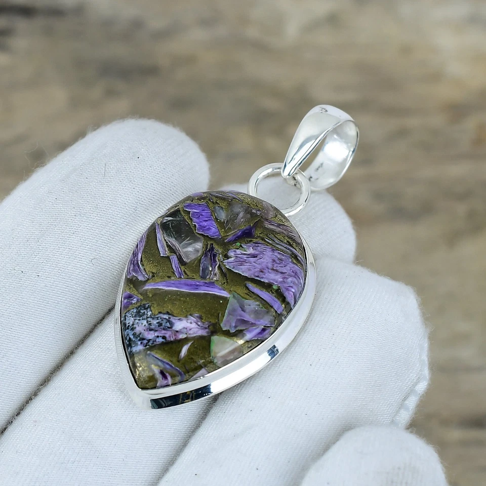 Pendente In Charoite Di Rame In Argento Sterling 925 Regalo Boho Per Amore - Immagine 3 di 4