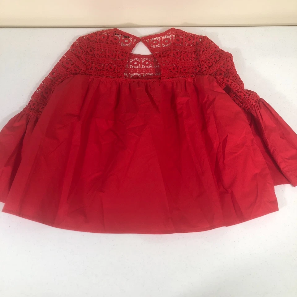 Endless Rose 钩针花边衬衫女式上衣喇叭袖红色 S 节浪漫 — 第 2/4 张图片