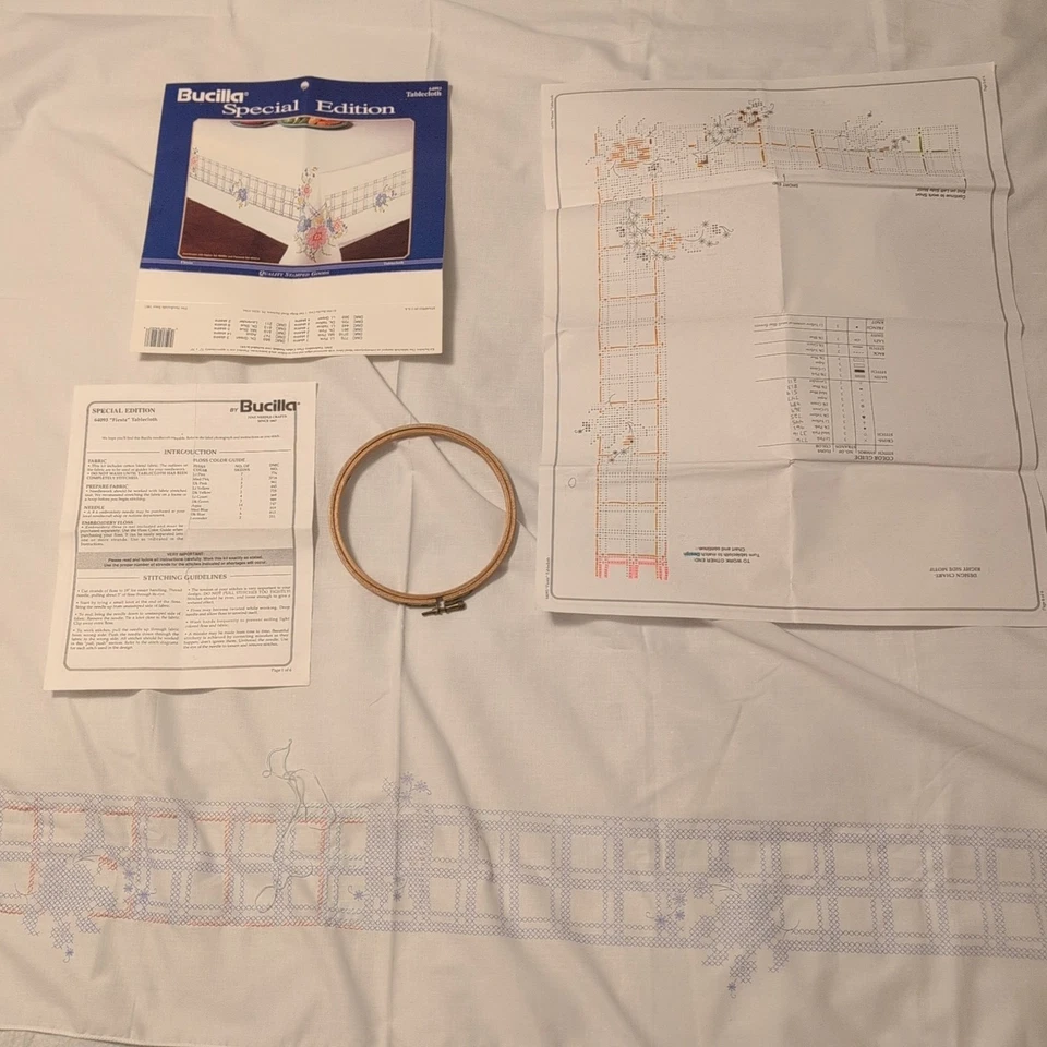 Started Work Bucilla Tablecloth Stamped Cross-Stitch 64093 Fiesta ~50 X 68 Party - Image 2 of 4