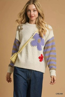 Trendsi Floral Jacquard Sweater Women's Striped Long Sleeve Knit Top, Soft