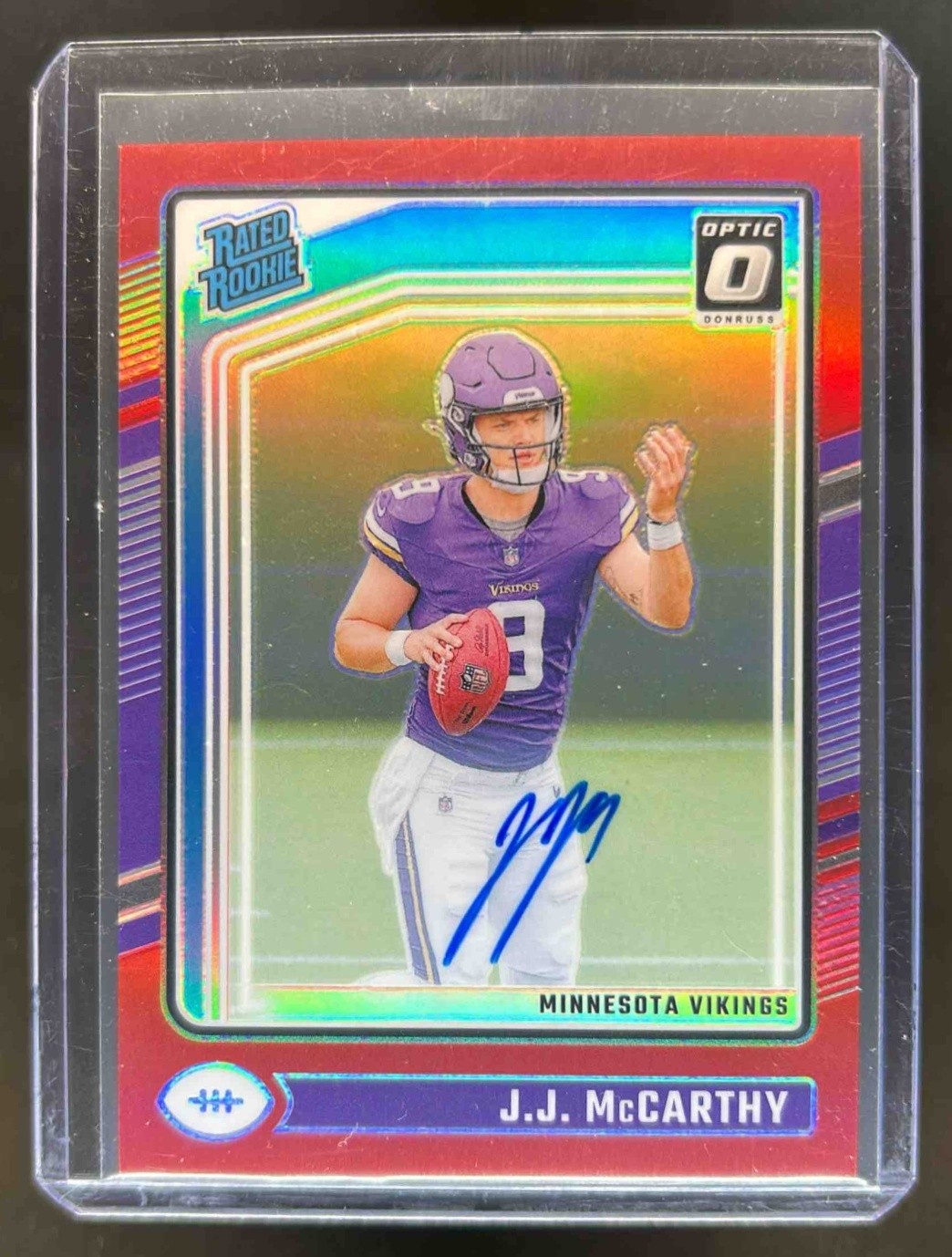 2024 Donruss Optic JJ McCarthy Rated Rookie RPS Auto Red #74/75 Vikings
