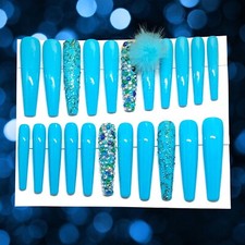 Handmade Custom Press on Nails UVGel 2X Long Coffin Shape Blue Nails Bling Pom
