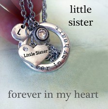 Little Sister Forever In My Heart Necklace w-Birthstone Crystal  Letter Charm