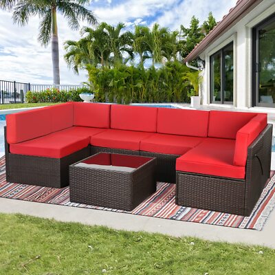 7-Piece Patio Sofa , PE Rattan Outdoor Sectional Conversation Set with Cushions