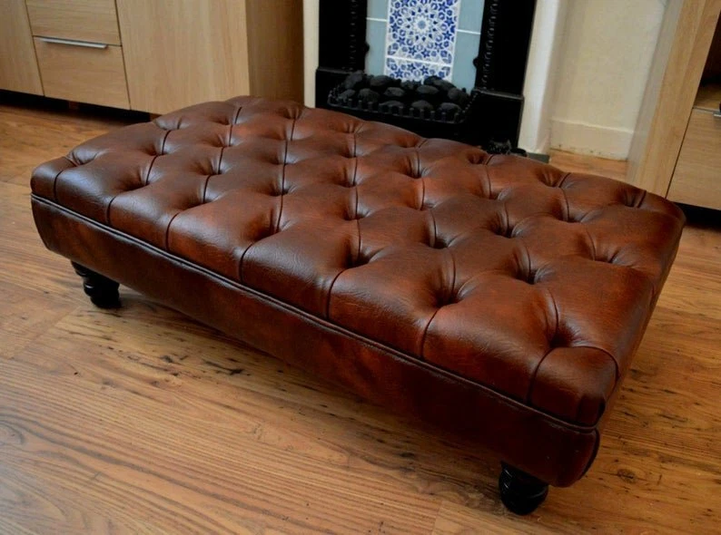  Chesterfield Deep Button Footstool in Chestnut Faux Leather With Mahogany Legs - Image 2 of 4