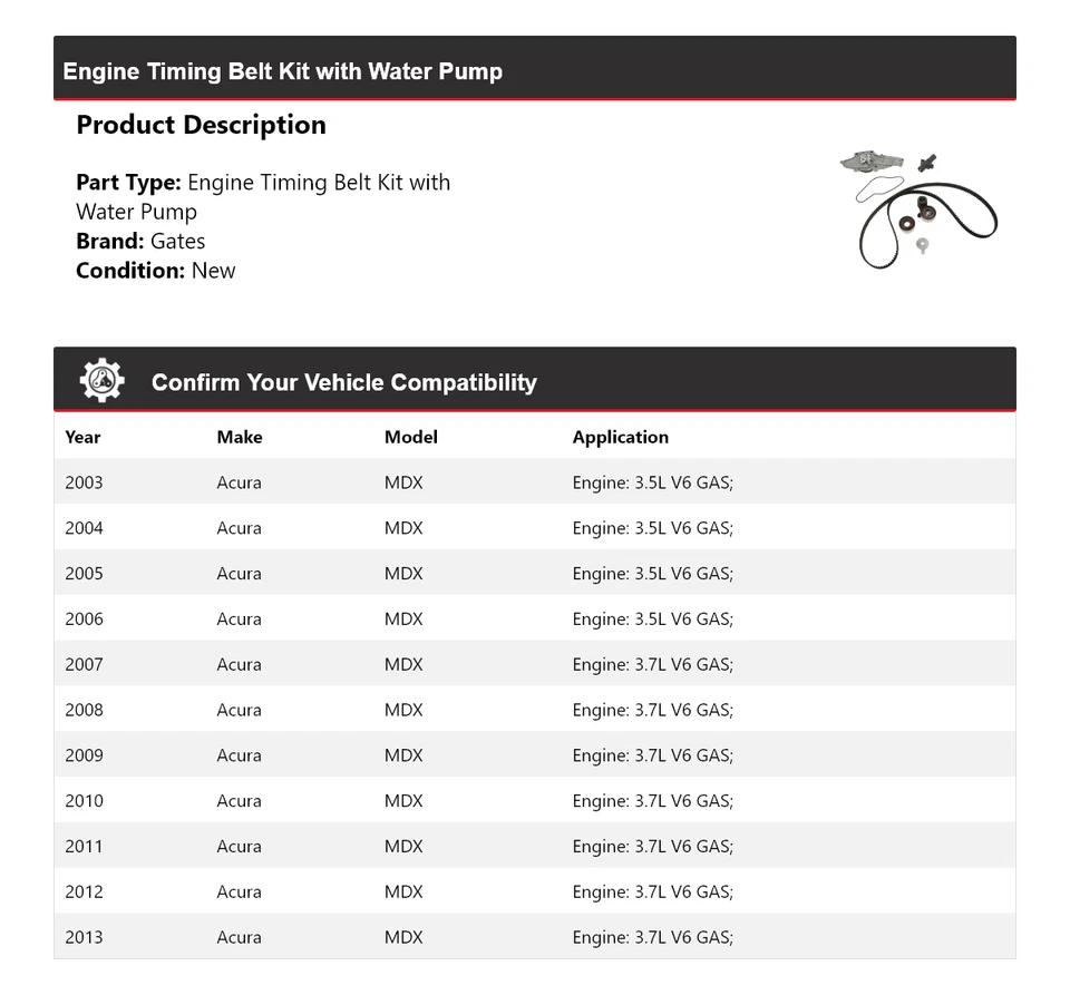 Kit de correa de distribución de motor Acura MDX 2003-2013 con puertas de bomba de agua 2004 2005 Foto 2 de 4