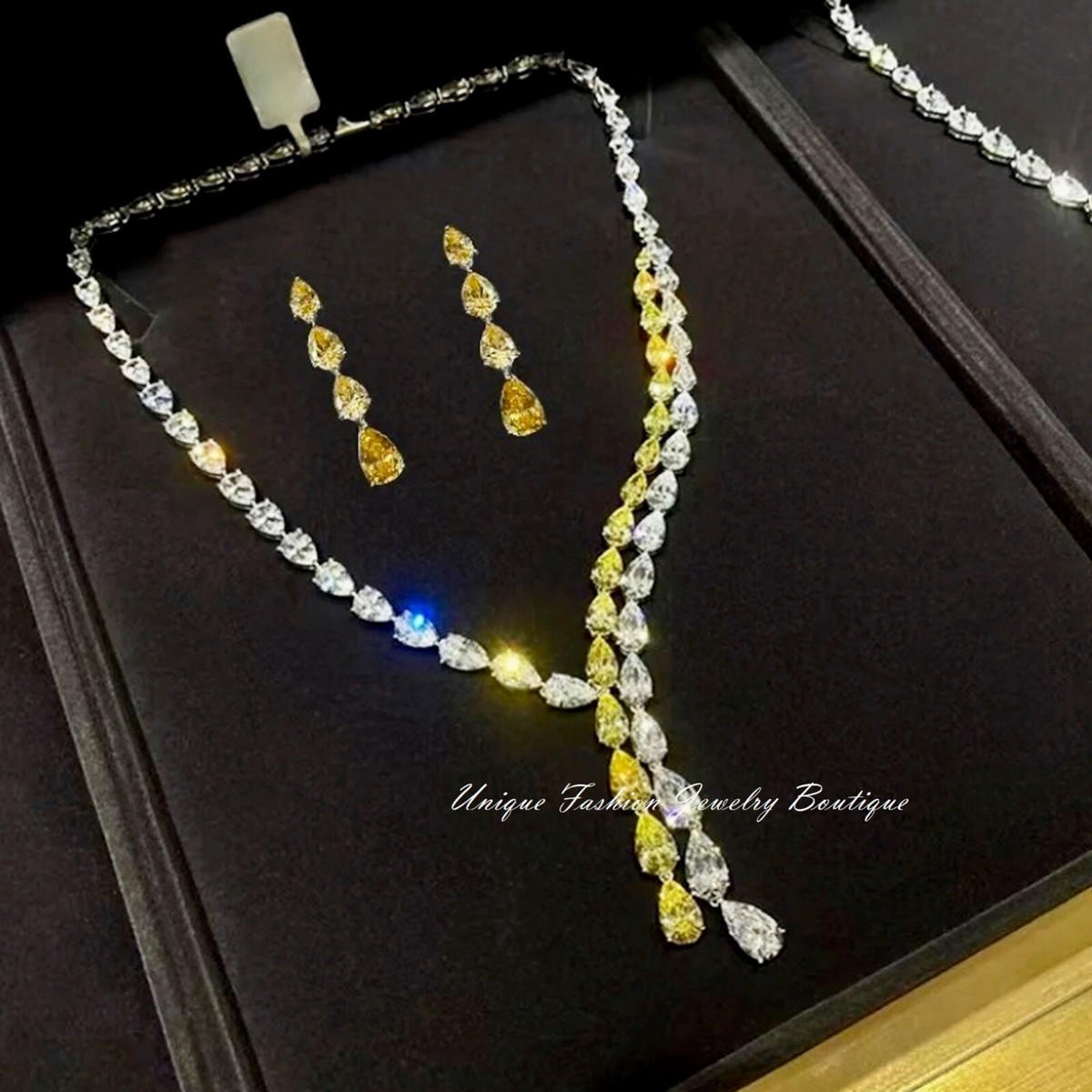 18K White Gold Plated Yellow Citrine Necklace Earrings Set