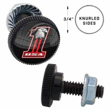 2 SM Black Knurled - License Plate Frame Fastener Tag Bolts - EAGLE USA NO 1 R