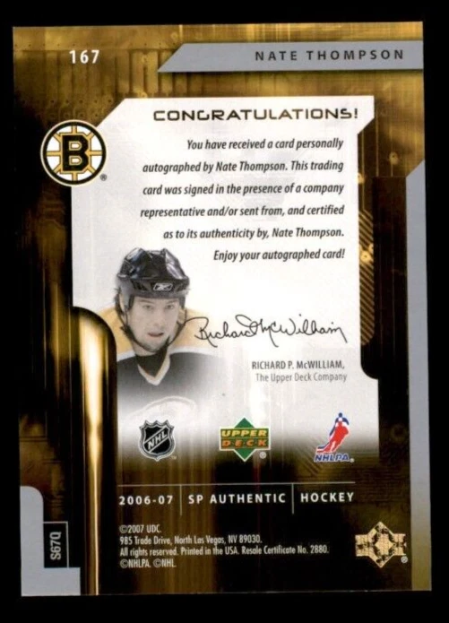 2006-07 SP Authentic #167 Nate Thompson Future Watch Auto RC 733/999 - Image 2 of 2