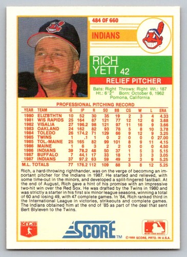 1988 Score # 484 - Rich Yett - Cleveland Indians - 第 2/2 張圖片