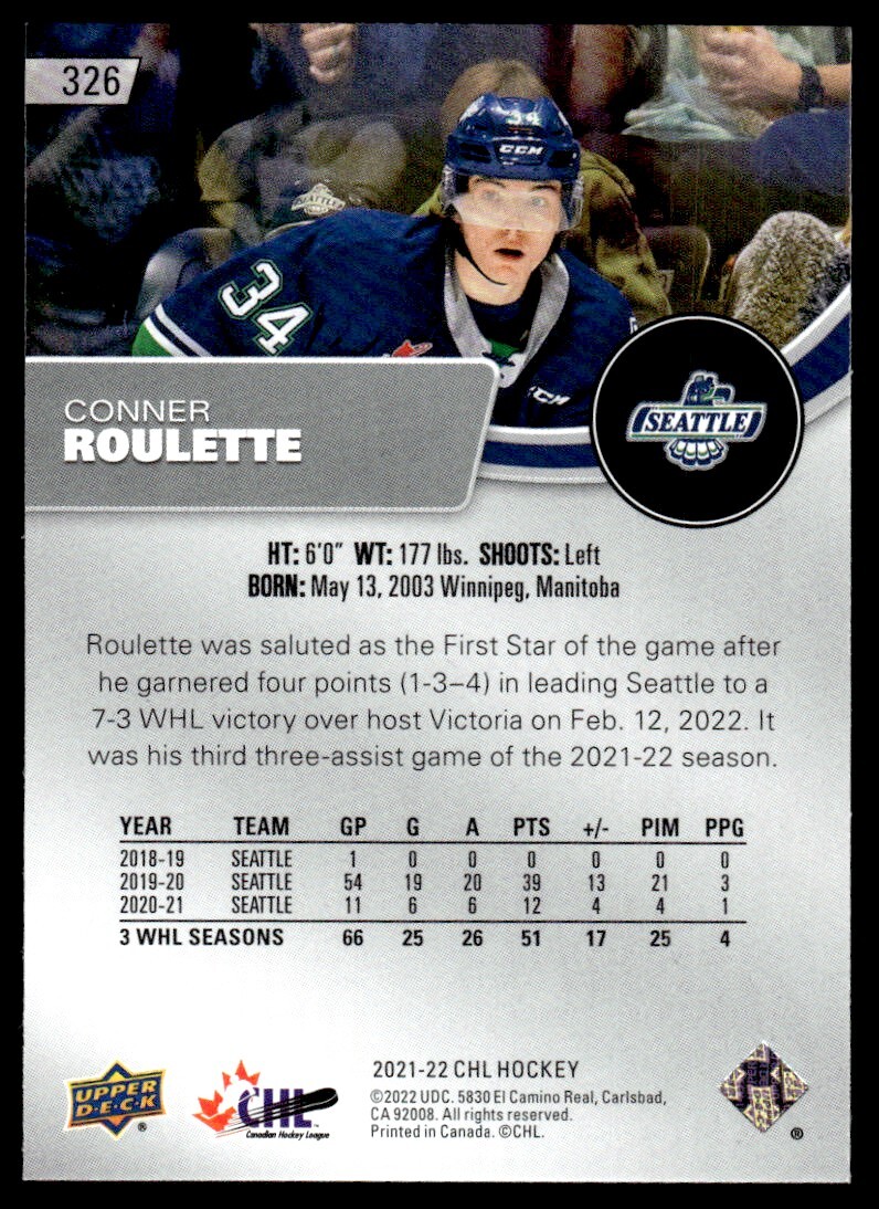 2021-22 Upper Deck CHL STARS Conner Roulette Seattle Thunderbirds #326 ...