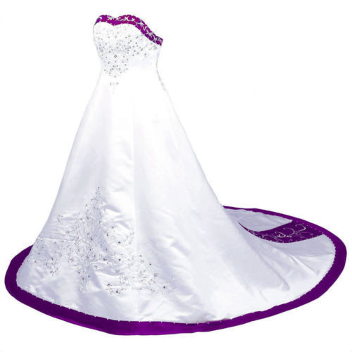 Satin Embroidery Wedding Dresses White Purple Strapless Sweep Train Bridal Gowns | eBay Satin Embroidery Wedding Dresses White Purple Strapless Sweep Train Bridal Gowns | eBay