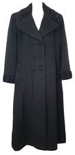 Vintage Halston Womens Size 10 Wool Pea Coat Trench Black Faux Fur Collar
