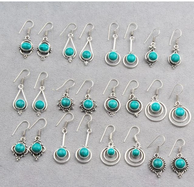 Lote de pendientes de gancho hechos a mano con piedras preciosas turquesa 925 chapadas en plata de ley Foto 3 de 3