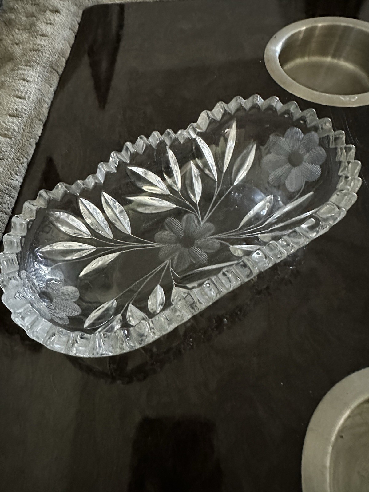 Antique ABP Cut Glass Oval Pickle/Relish Dish  Daisies And Vines Sawtooth Edge