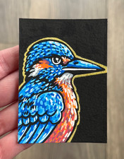 ACEO Original Mixed Media Painting Art “Golden Kingfisher” By Brianna Alderfer