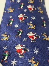 Vtg Cape Cod Neckwear Novelty Silk Tie Skating Santa Claus Penguins Reindeer