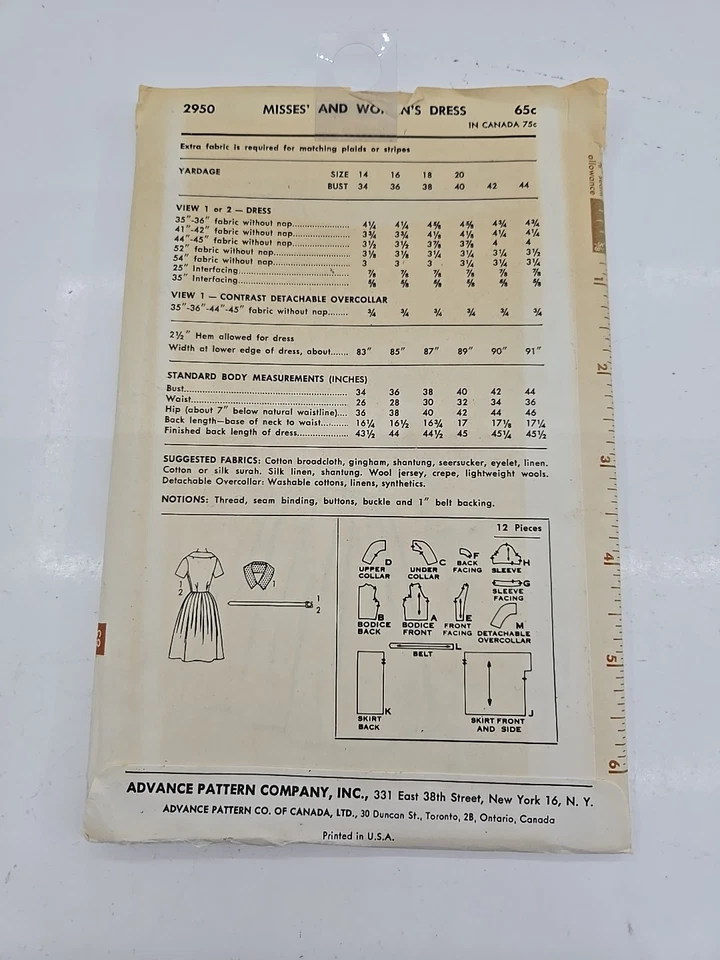Advance 2950 Vintage Misses Dress Sewing Pattern Sz 16 Bust 36 Belted Collar - Image 2 of 3