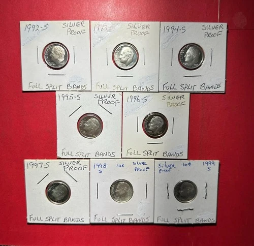 1992S-1999S US Roosevelt SILVER Dimes Set of 8 Different "PROOF" Carded Coins!