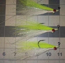 3 Each 3/0 Chartreuse & White Clouser Minnow tied on black nickel  jig hook
