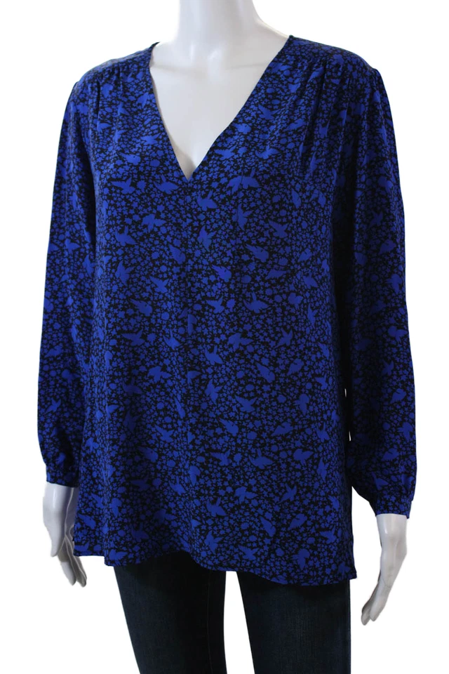 Blusa Nieves Lavi Mujer Seda Estrellas Estampado Pájaro Cuello en V Negra Azul Talla Mediana Foto 2 de 4