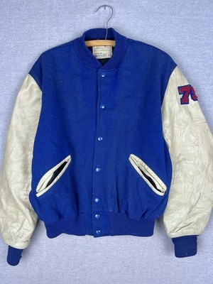 Vintage DeLONG Sportswear Varsity Letterman Jacket Blue Leather Wool 79 Patch 42