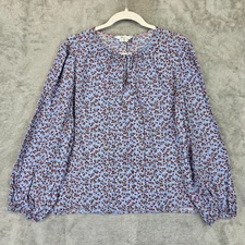 Boden Blouse Womens US 12 Blue Red Floral Long Sleeve Peasant Top Lightweight