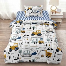 4-Pcs Construction Twin Size Boys Bedding Set, Kids Comforter Set for Teens w...