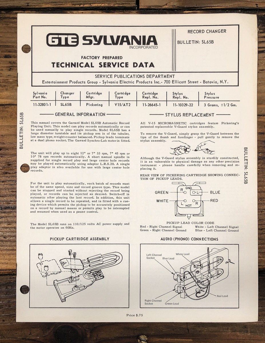 Sylvania / Garrard R/C Model SL65B Record Changer Service Manual *Original*
