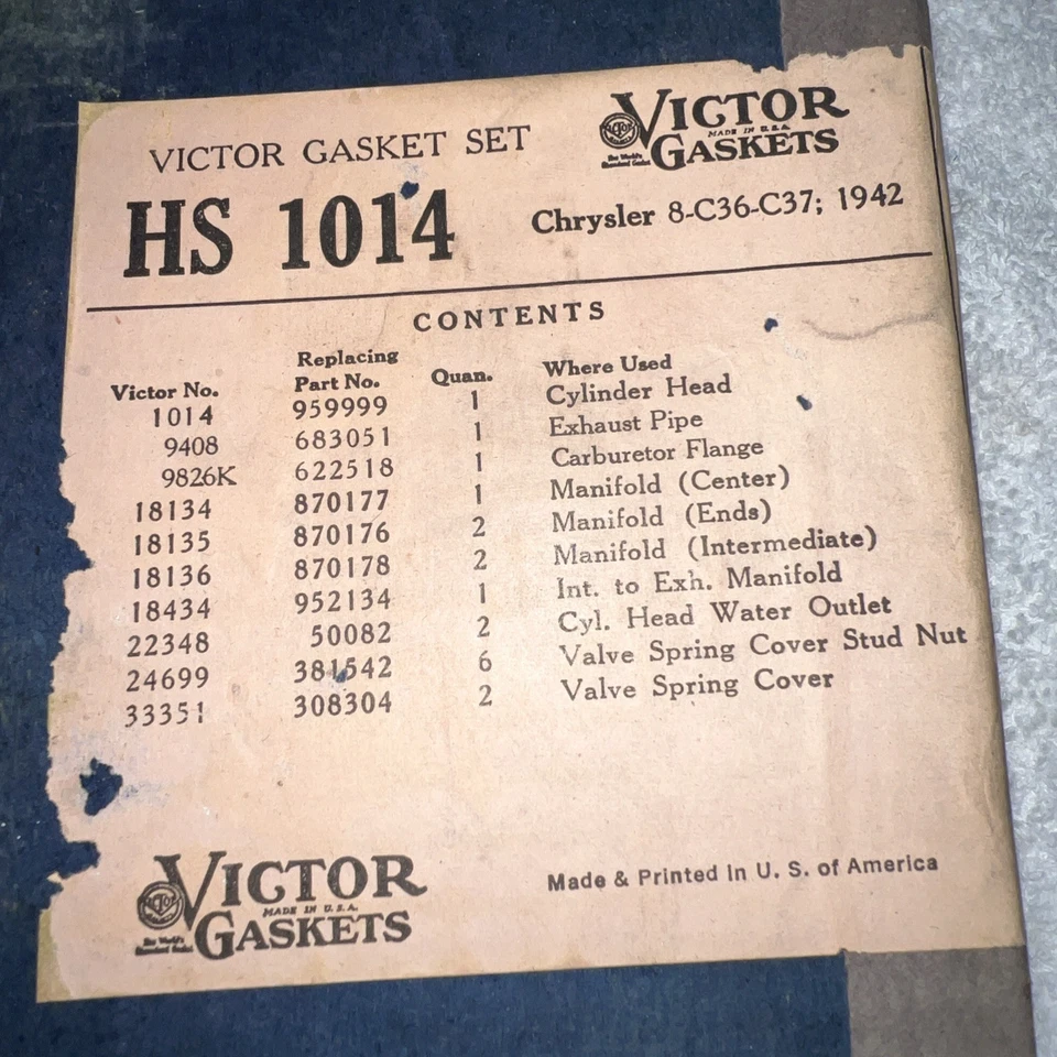 Комплект прокладок головки 1942 Chrysler C36 C37, Victor HS 1014 открыт для показа - Изображение 2 из 3