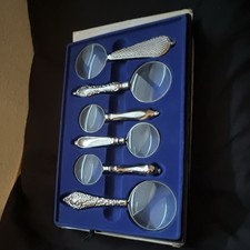 Vintage 6-Piece Silver Tone Handheld Magnifying Glass Set w/ Case