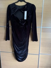 Roman Size 14 Black Velvet Twist Front Ruched Bodycon Mini Dress LBD Party Bnwt