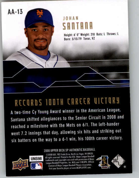 2008 SP Authentic Authentic Achievements #AA13 Johan Santana (ref 154199) - Image 2 of 2