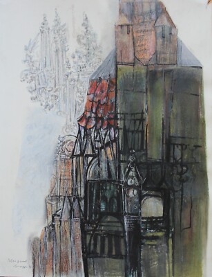 Zeichnung Bleistift Mischtechnik Landschaft Brugge Belgien Hans Pluquet Signiert