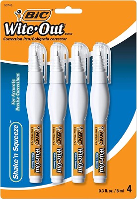 BIC Wite-Out Shake 'n Squeeze Correction Pen, 8 ml White 4 Count (WOSQPP418) 3Pk
