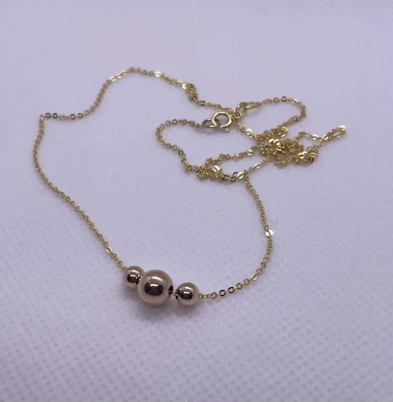  3 Beaded 14k solid yellow gold past present future necklace chain 18'' long  - Image 3 of 3