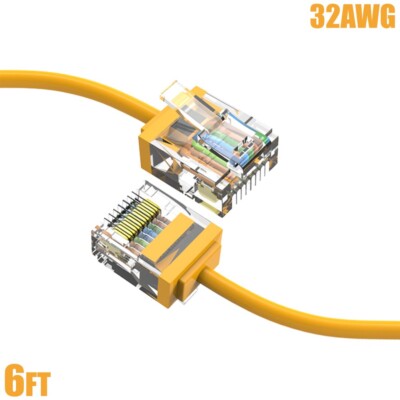 6FT Cat6A RJ45 Super Slim Network LAN Ethernet UTP Patch Cable Cord 32AWG Yellow