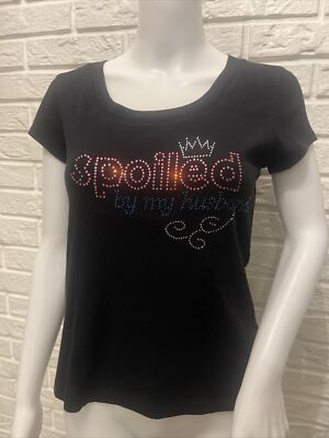 SPOILED BY MY HUSBAND ~ Bay Studio Black Pima Cotton Tee Shirt Size M EUC Bling