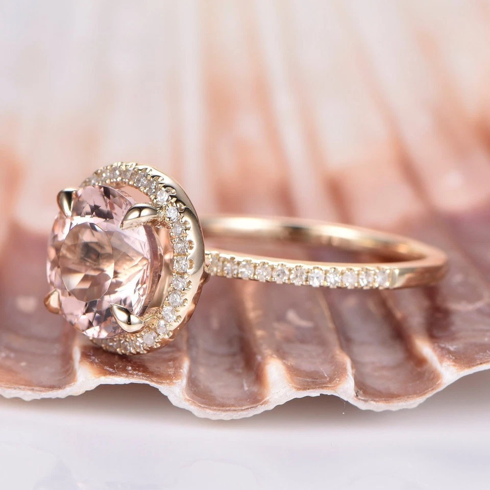 1.4ct Lab-Created Morganite Halo Promise Engagement Ring Yellow Gold Plated - Image 2 of 4