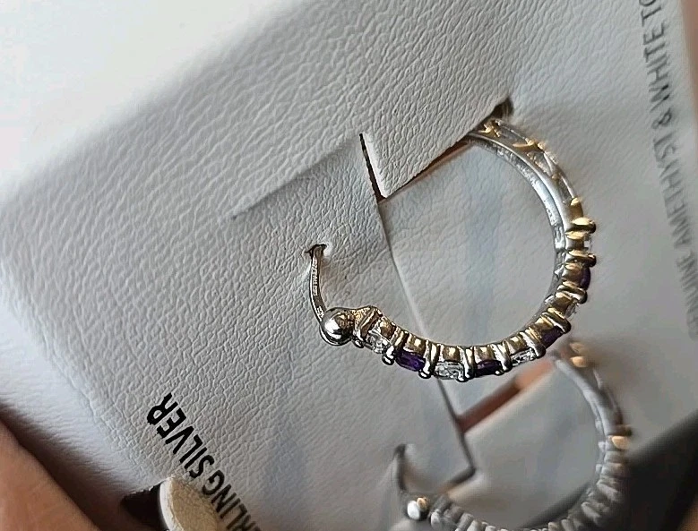 NUEVOS Pendientes de aro de topacio blanco y amatista genuina de ley 925 MCE12862 Foto 4 de 4