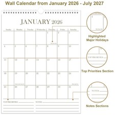 Wall Calendar 2026-2027, 18 Months, 8.5" x 11", Thick Paper, Vertical