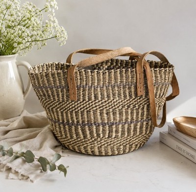Vintage Sisal Market Tote Bag Leather Straps Handmade Boho Farmer Basket Purse